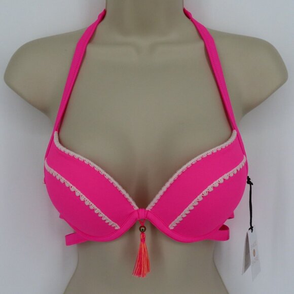 Shade & Shore Womens 34B Neon Pink Embroidered Trim Tassel Halter Bikini Top NEW - Picture 8 of 9